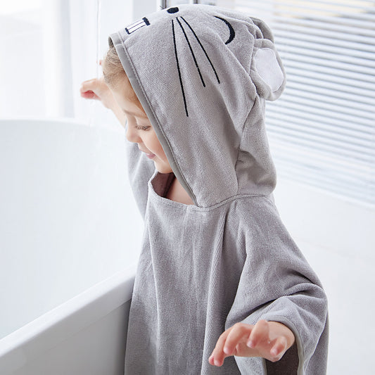 MICHLEY Kids Grey Mouse Hooded Bath Poncho Soft Cotton Towel Cape