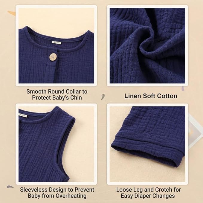 MICHLEY Baby Sleeveless Summer Cotton Romper Unisex Toddler Jumpsuit (Dark Blue)