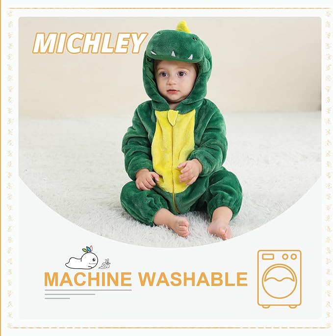 MICHLEY Green Dinosaur Baby Costume Winter Flannel Hooded Romper