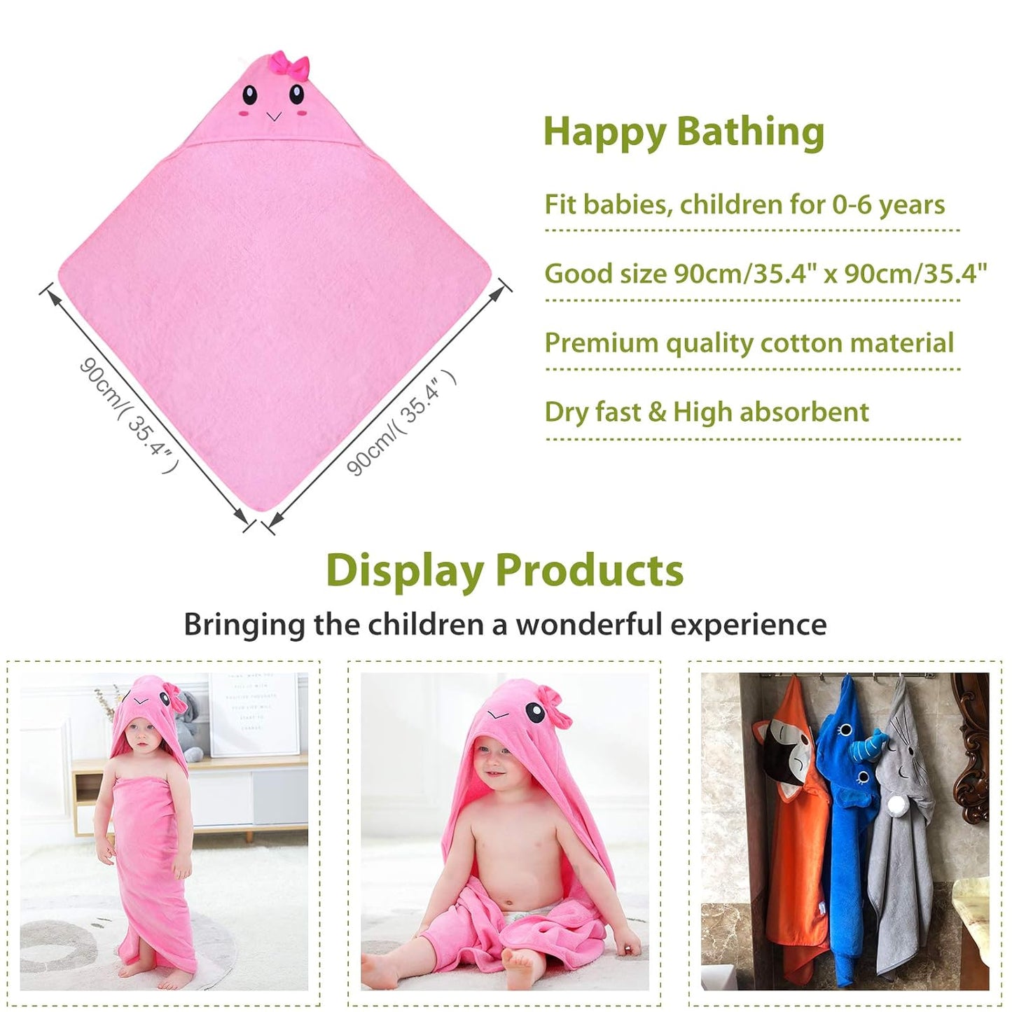 MICHLEY Pink Hooded Towel with Cute Bow Cartoon Face Soft Cotton Baby Beach Cape