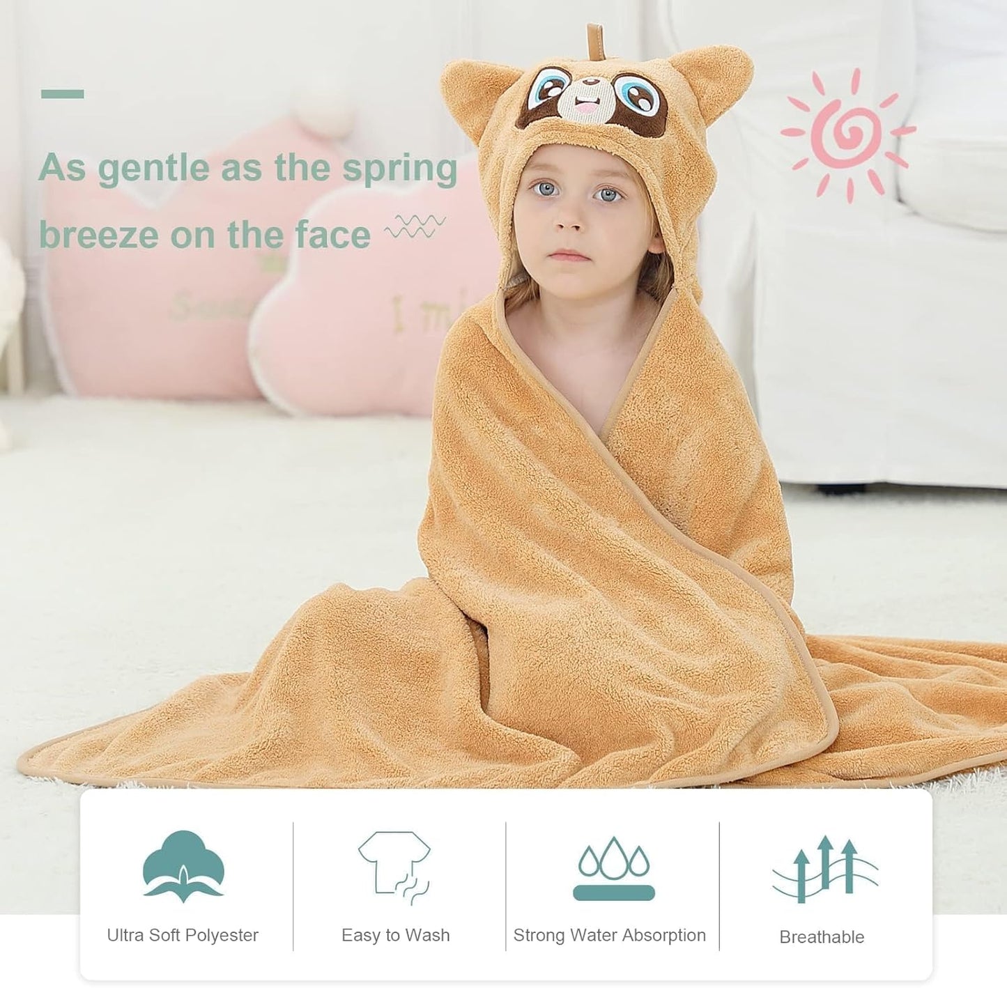 MICHLEY Large Raccoon Hooded Baby Towel Kids Swim Robe 31.5"x53"