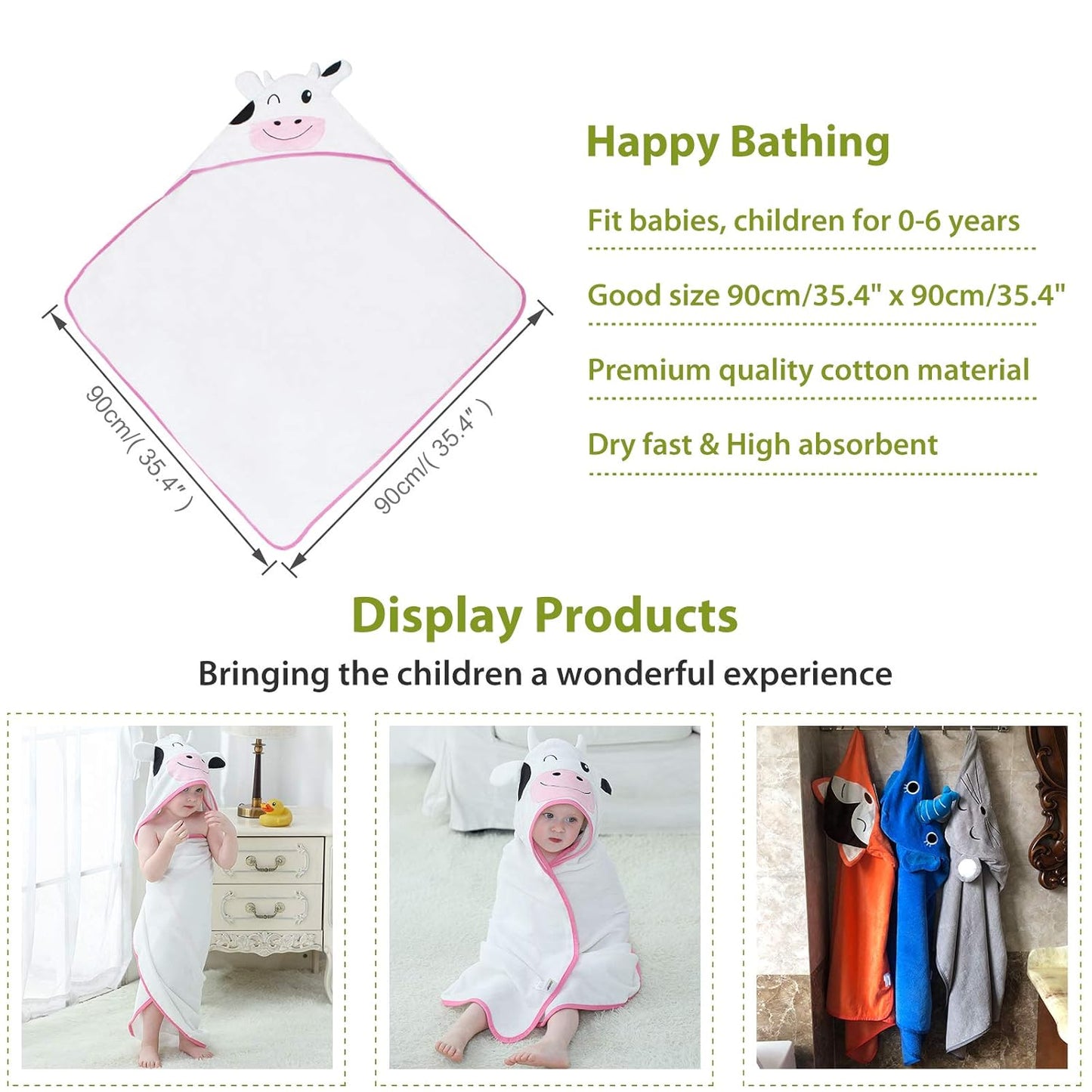 MICHLEY Cow Baby Bathrobe Unisex Farm Animal Hooded Cotton Towel Robe