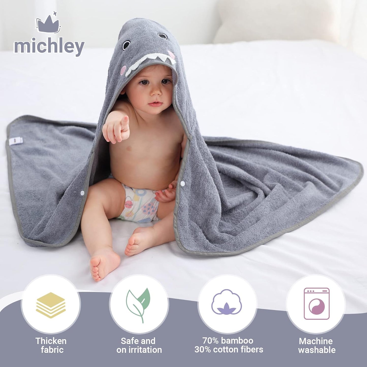 MICHLEY Shark Bamboo Viscose Baby Hooded Towel Ultra-Soft 29.5"x39.5"