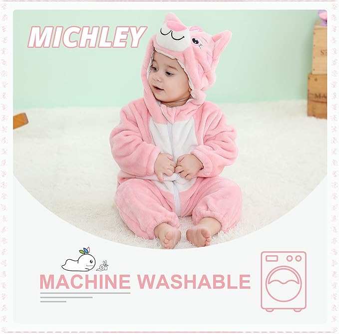 MICHLEY Pink Cat Baby Costume Winter Flannel Hooded Romper