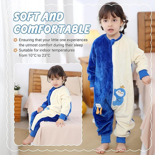 MICHLEY Blue Penguin Kids Sleep Sack Flannel Wearable Pajamas for Toddlers