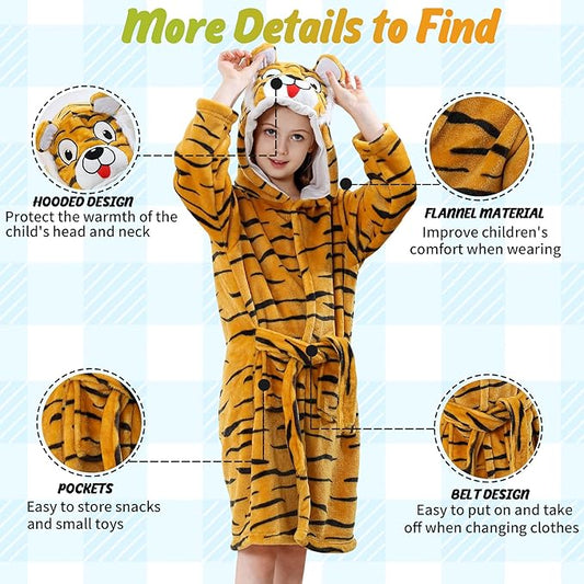 MICHLEY Kids Orange Tiger Hooded Bathrobe Soft Flannel Animal Sleepwear