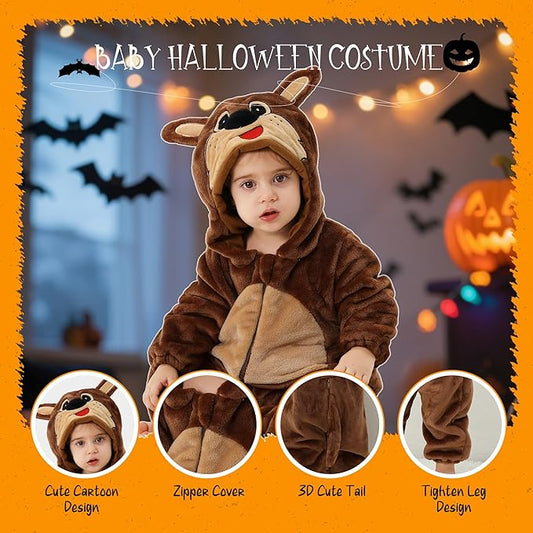 MICHLEY Baby Brown Kangaroo Hooded Romper Flannel Animal Costume