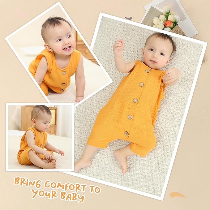 MICHLEY Baby Sleeveless Summer Cotton Romper Unisex Toddler Jumpsuit (Yellow)
