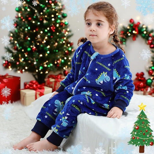 MICHLEY Toddler Flannel Sleeping Sack with Feet Blue Dinosaur Print Wearable Blanket