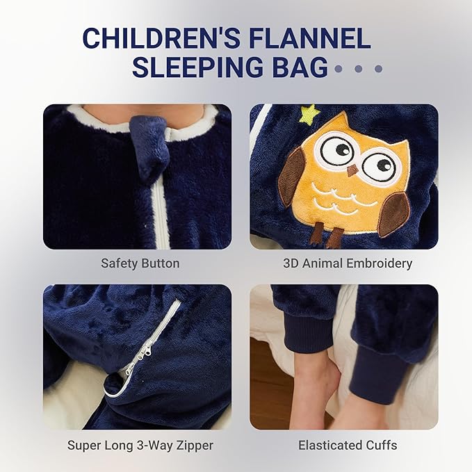 MICHLEY Kids Owl Sleep Sack Blue Flannel Wearable Pajamas with Legs