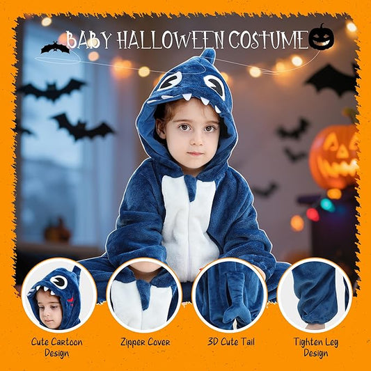 MICHLEY Baby Blue Shark Hooded Romper Flannel Animal Costume