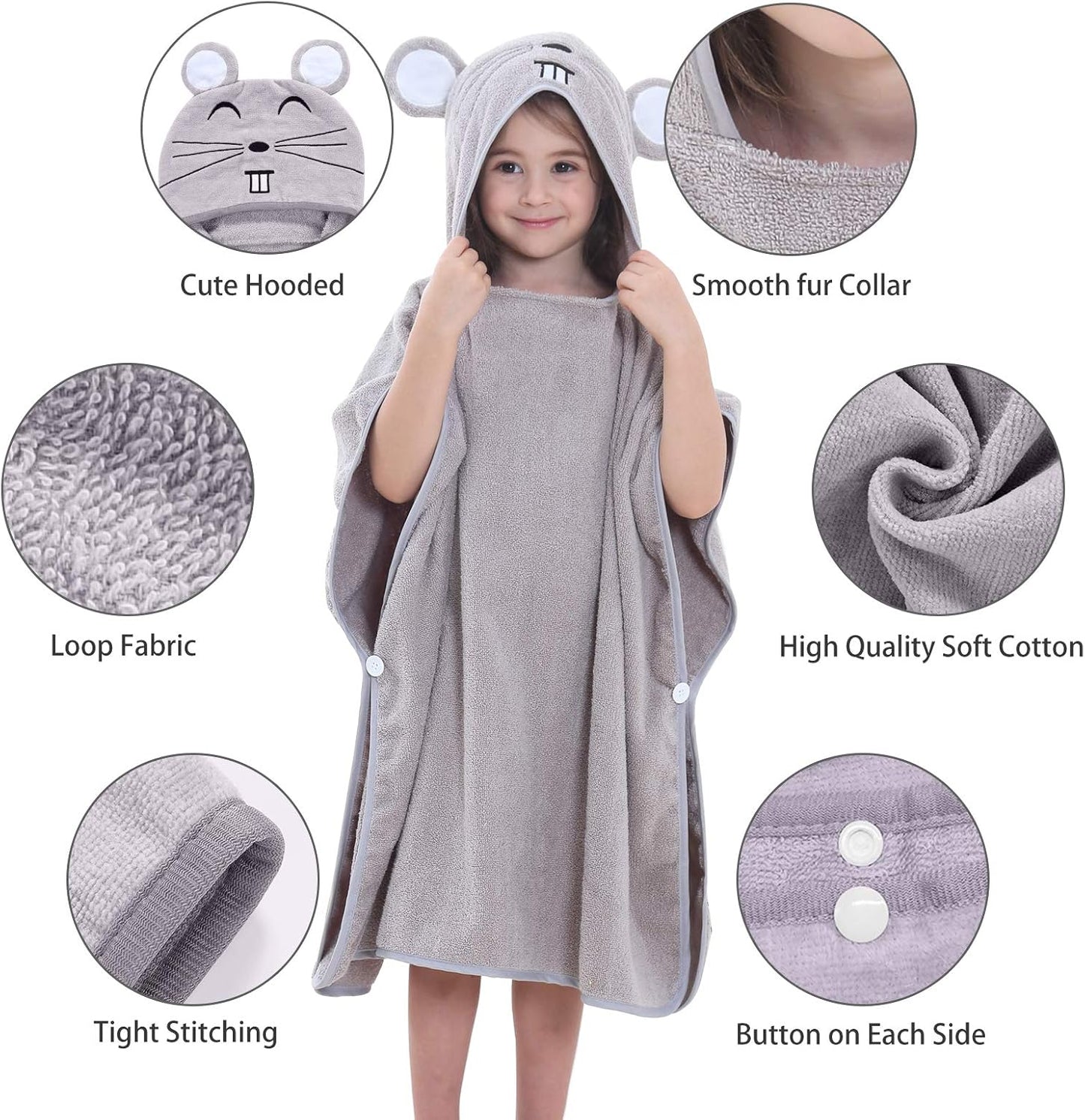 MICHLEY Kids Grey Mouse Hooded Bath Poncho Soft Cotton Towel Cape