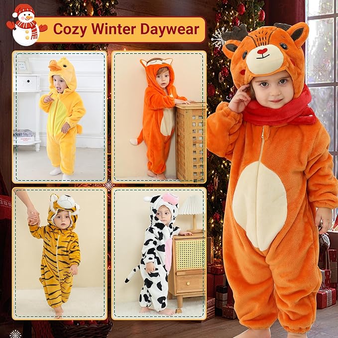 MICHLEY Reindeer Baby Costume Winter Flannel Hooded Romper