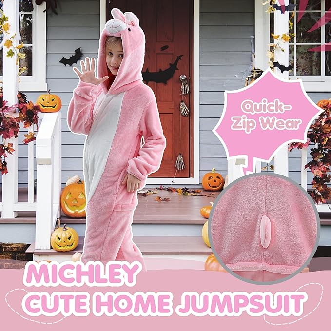 MICHLEY Kids Pink Bunny Hooded Romper Flannel Halloween Cosplay Pajamas Costume