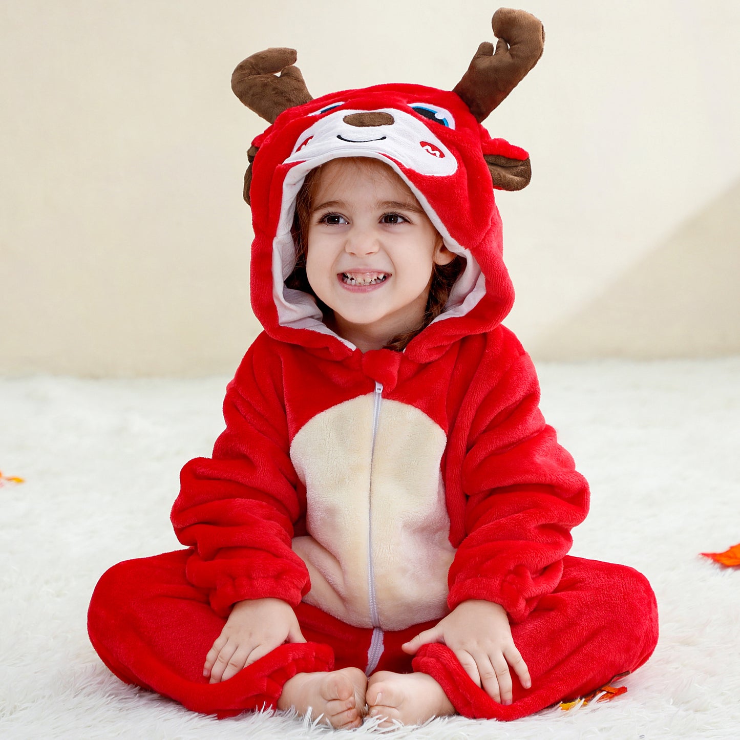 MICHLEY Baby Red Reindeer Hooded Romper Flannel Christmas Costume