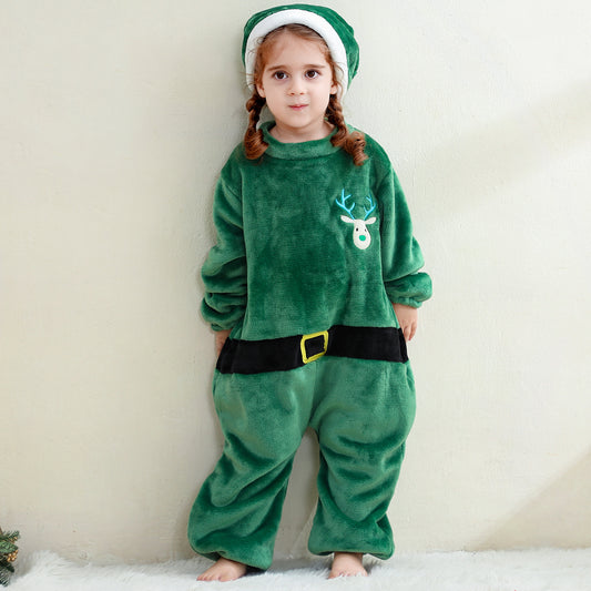 MICHLEY Baby Green Reindeer Flannel Romper with Separate Christmas Hat Outfit Set