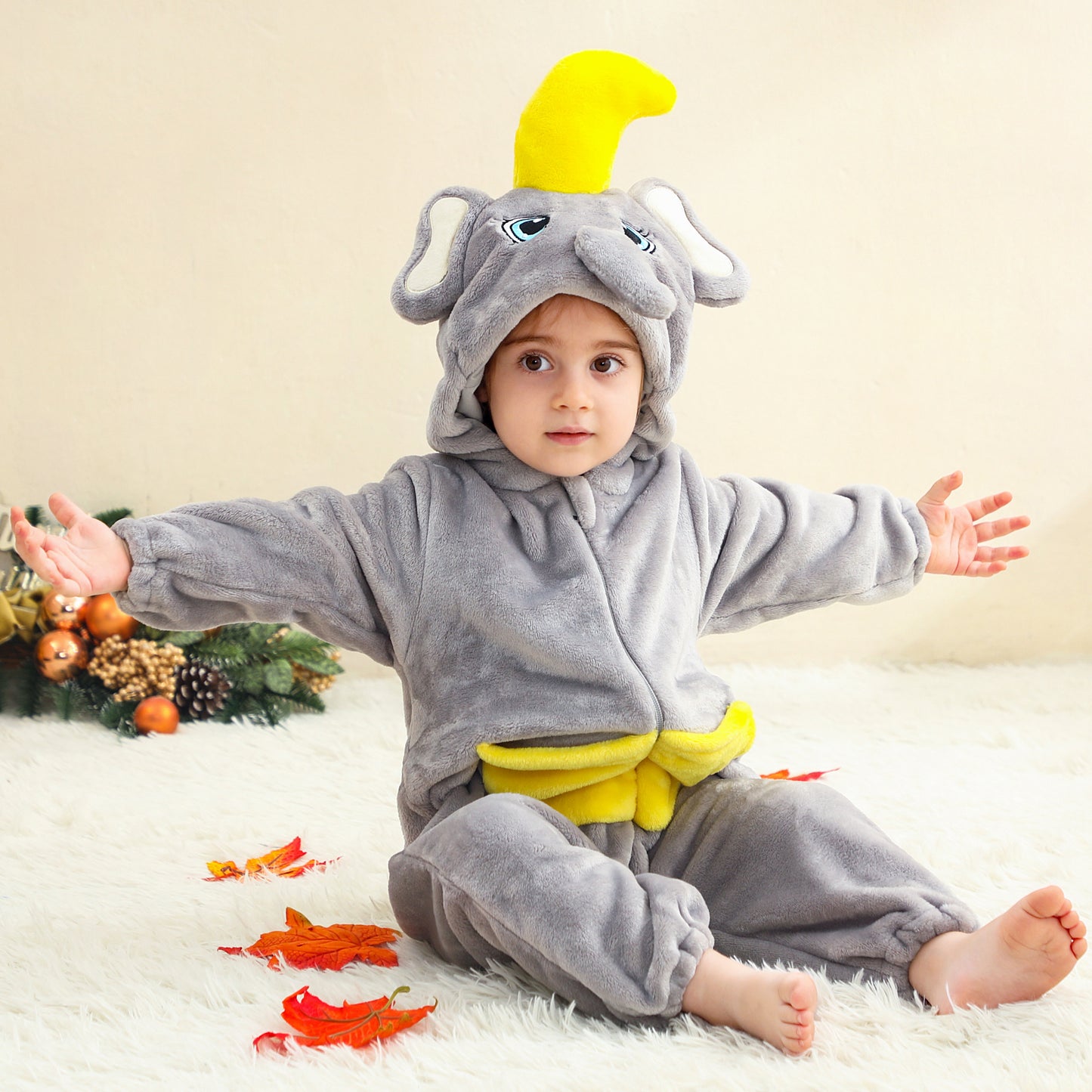 MICHLEY Kids Elephant Hooded Romper Flannel Animal Cosplay Costume