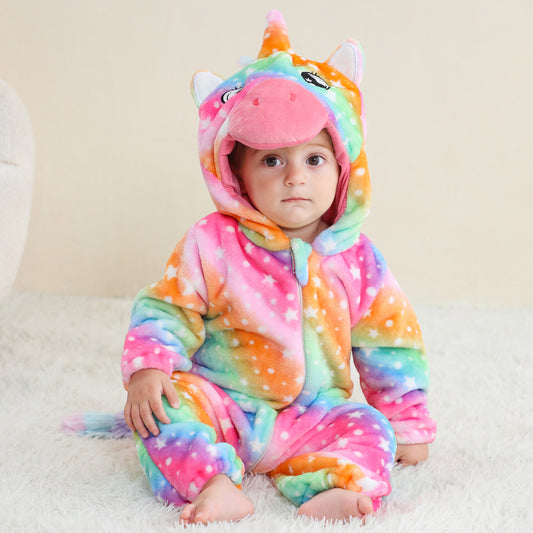 MICHLEY Rainbow Unicorn Baby Costume Winter Flannel Hooded Romper