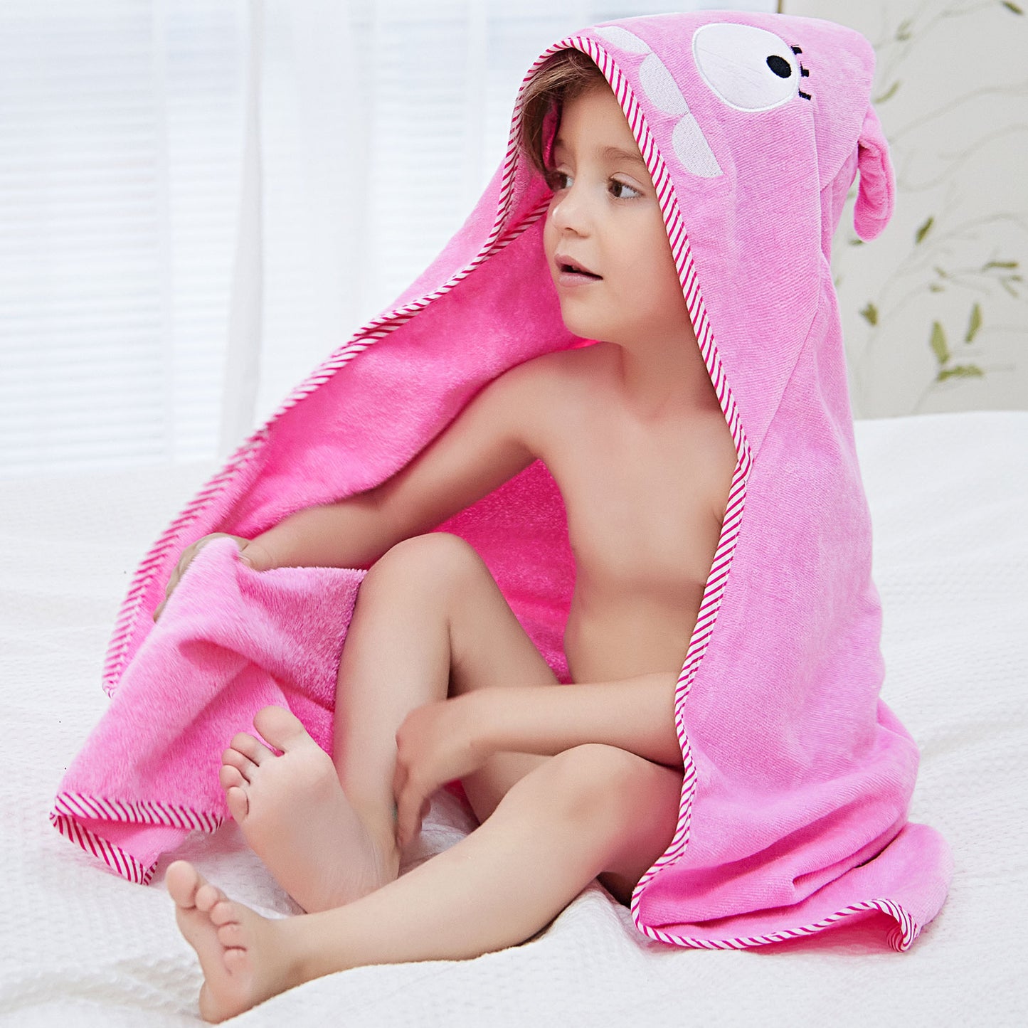 MICHLEY Baby Pink Monster Hooded Bathrobe Soft Cotton Towel Robe