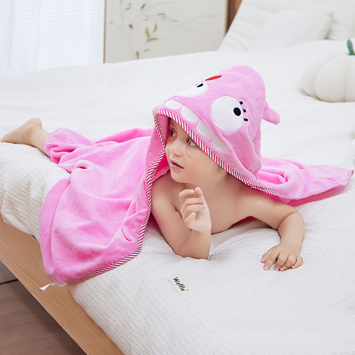 MICHLEY Baby Pink Monster Hooded Bathrobe Soft Cotton Towel Robe