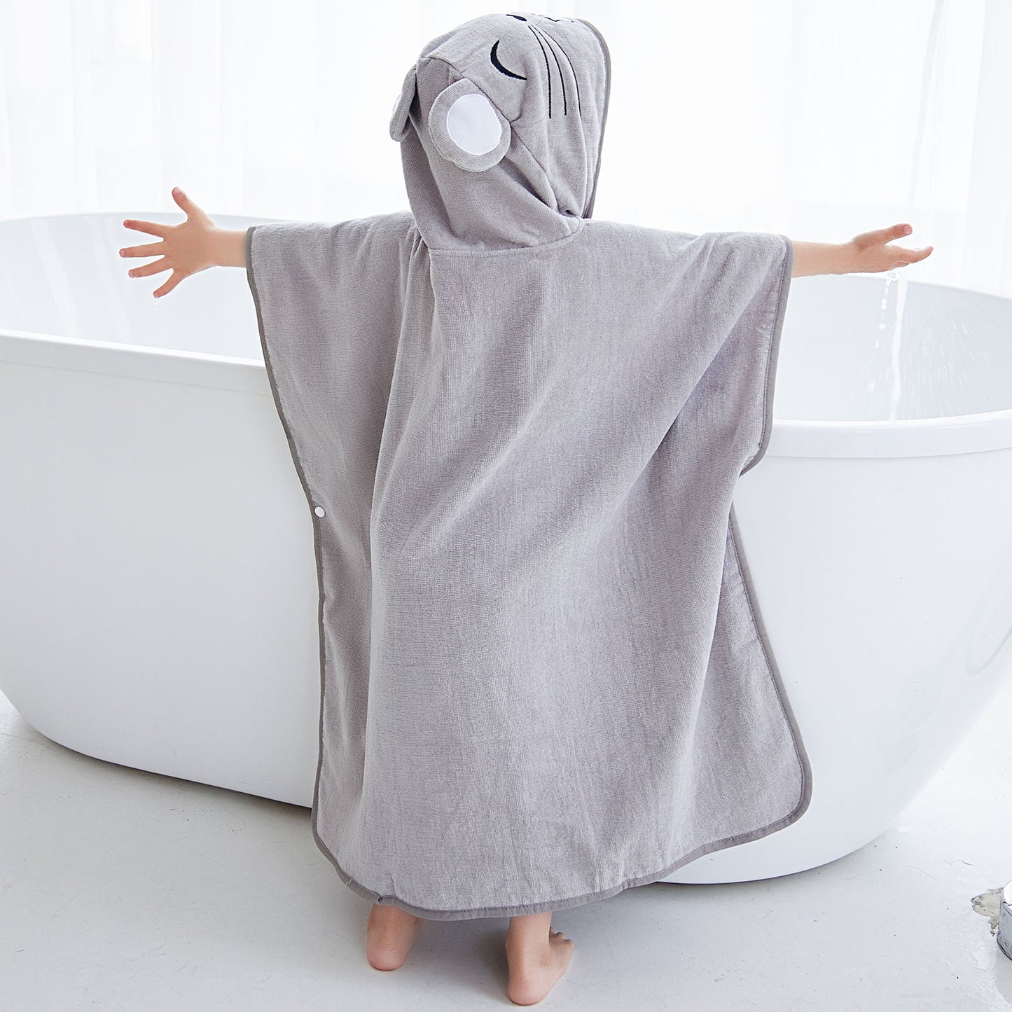 MICHLEY Kids Grey Mouse Hooded Bath Poncho Soft Cotton Towel Cape