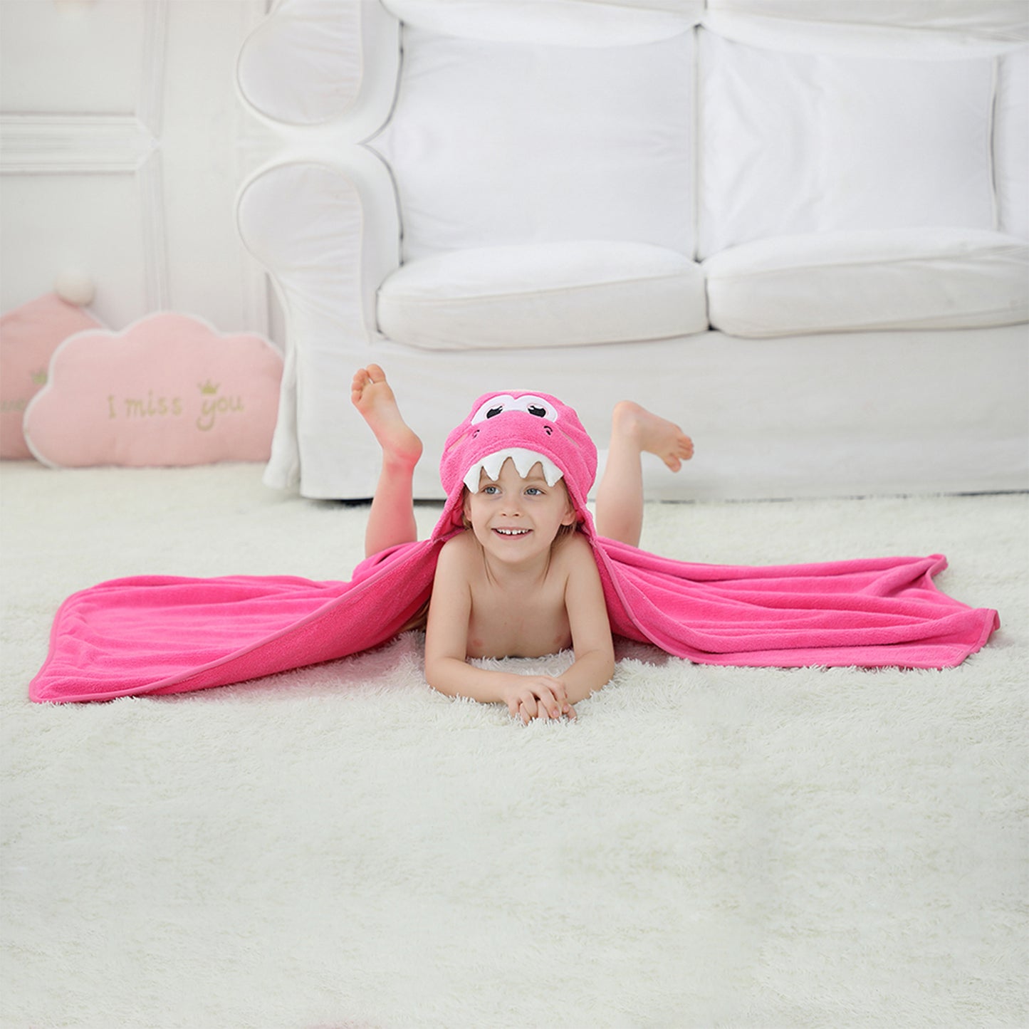MICHLEY Pink Dinosaur Hooded Baby Towel Kids Swim Robe 31.5"x53"