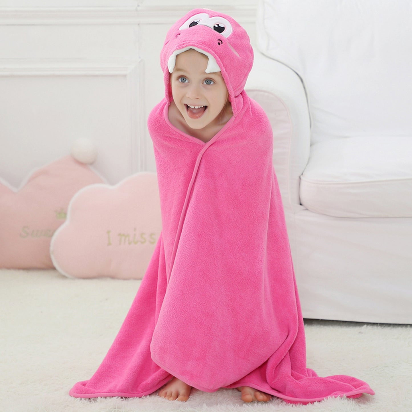 MICHLEY Pink Dinosaur Hooded Baby Towel Kids Swim Robe 31.5"x53"