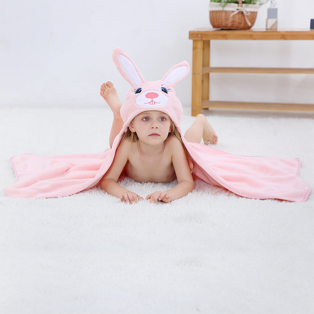 MICHLEY Pink Rabbit Hooded Baby Towel Soft Cotton Kids Swim Robe 27.5"x47"