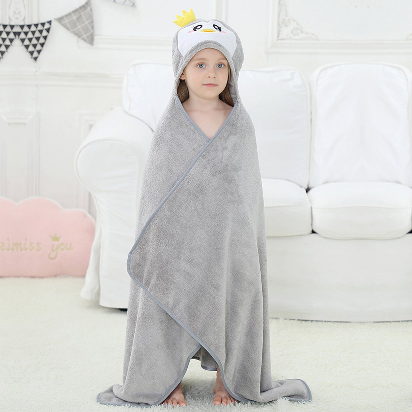 MICHLEY Penguin Hooded Baby Towel Soft Cotton Kids Swim Robe 31.5"x53"