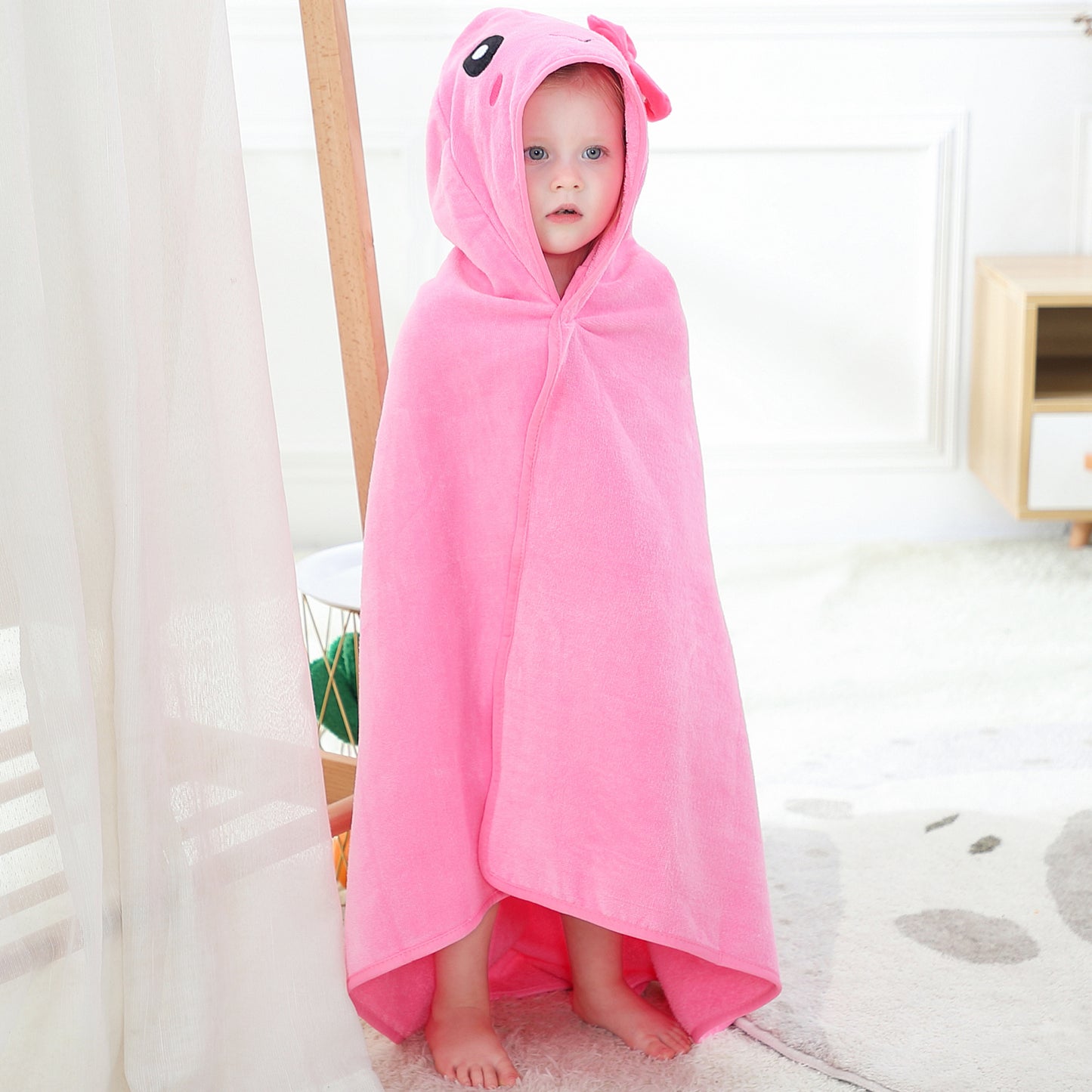 MICHLEY Pink Hooded Towel with Cute Bow Cartoon Face Soft Cotton Baby Beach Cape
