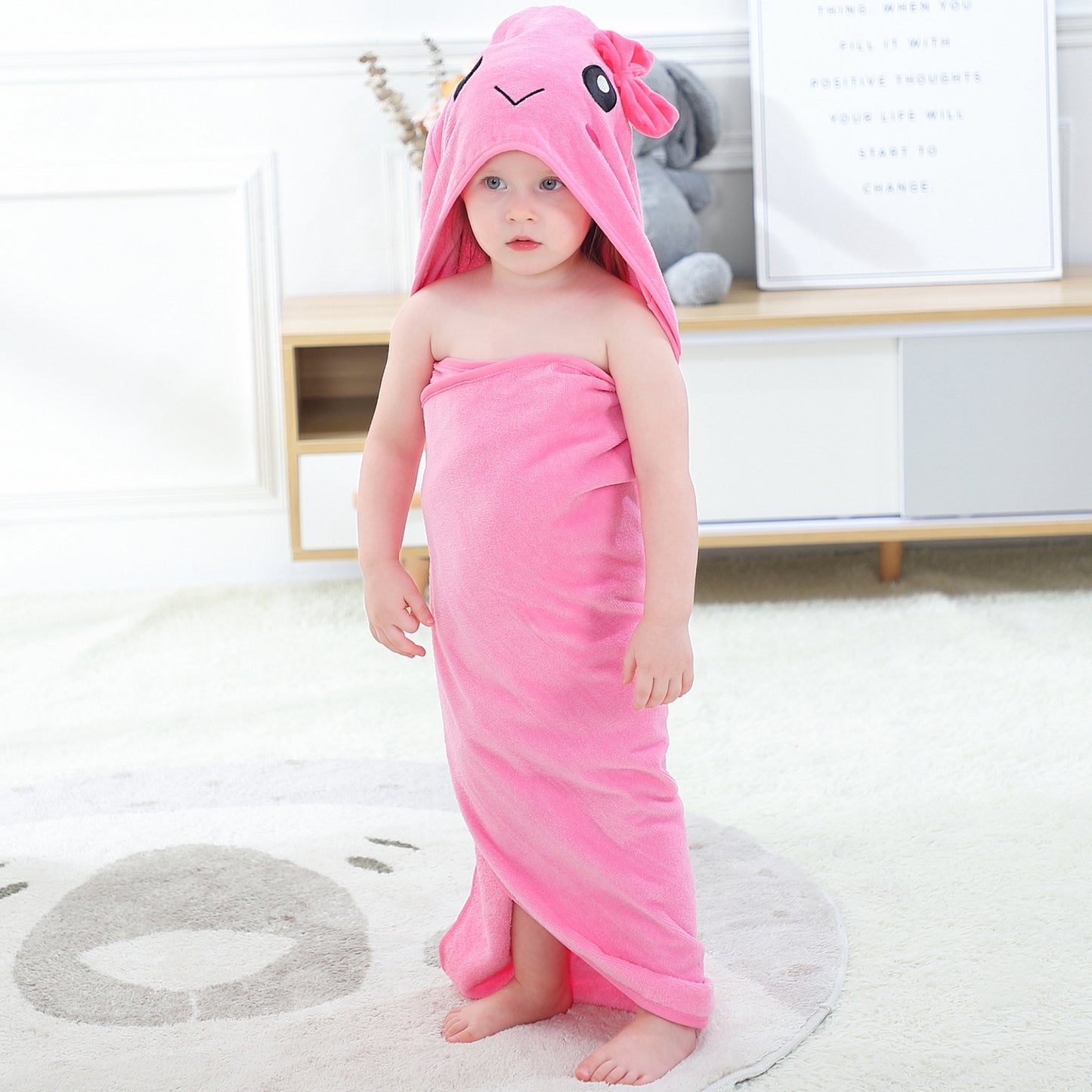 MICHLEY Pink Hooded Towel with Cute Bow Cartoon Face Soft Cotton Baby Beach Cape