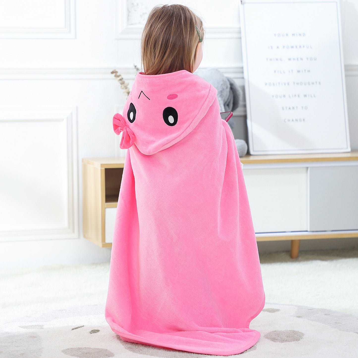 MICHLEY Pink Hooded Towel with Cute Bow Cartoon Face Soft Cotton Baby Beach Cape