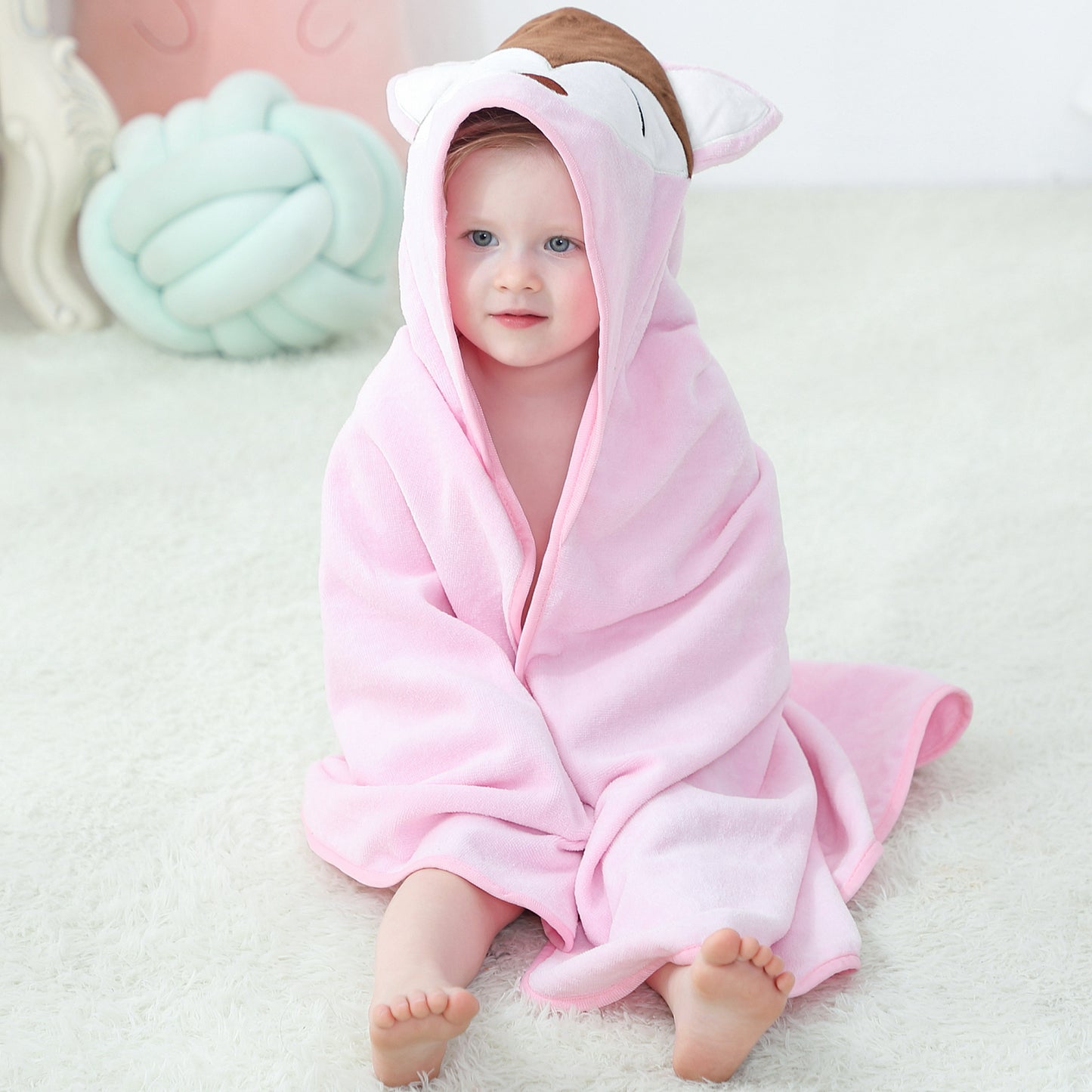 MICHLEY Baby Pink Fox Hooded Bathrobe Soft Cotton Towel Robe