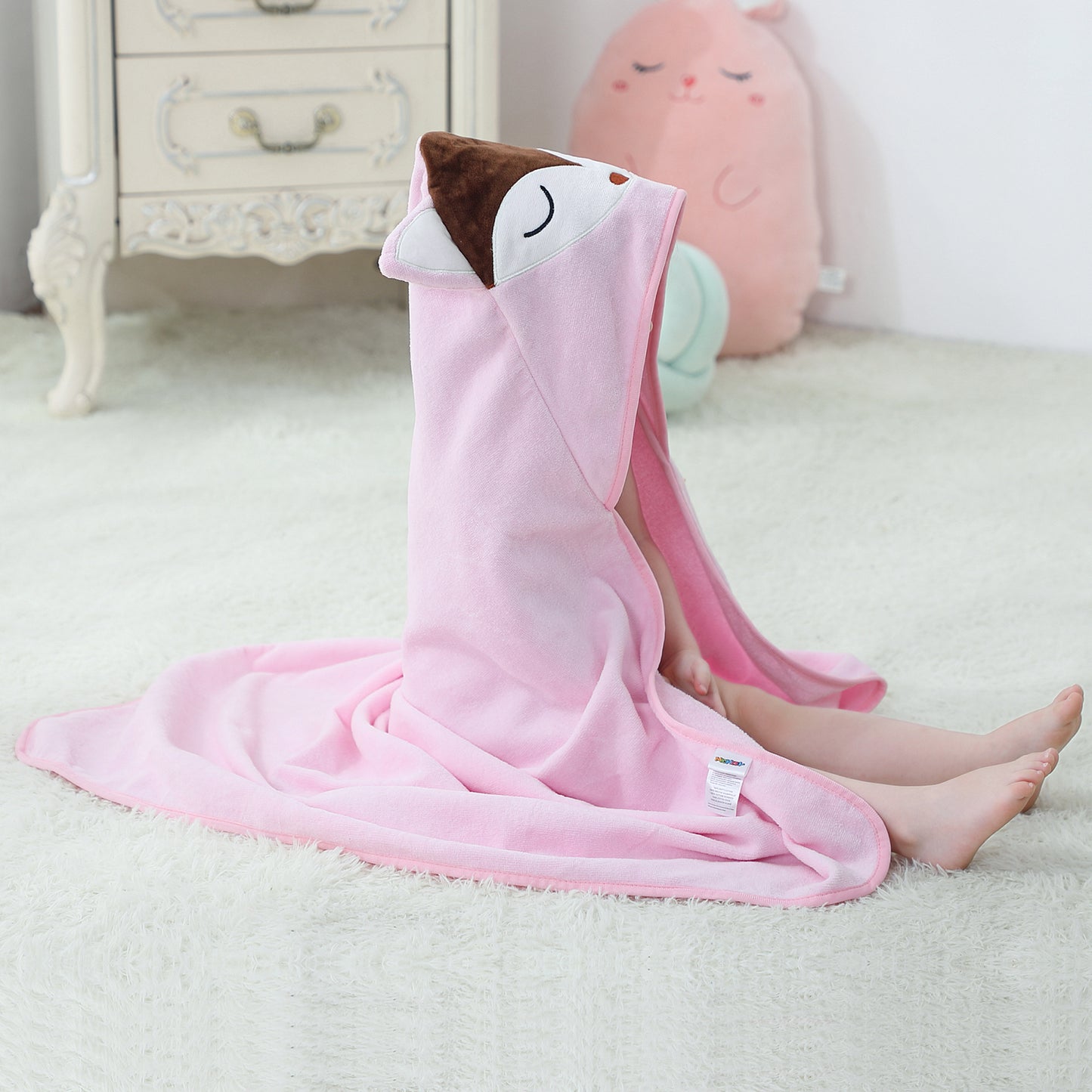 MICHLEY Baby Pink Fox Hooded Bathrobe Soft Cotton Towel Robe
