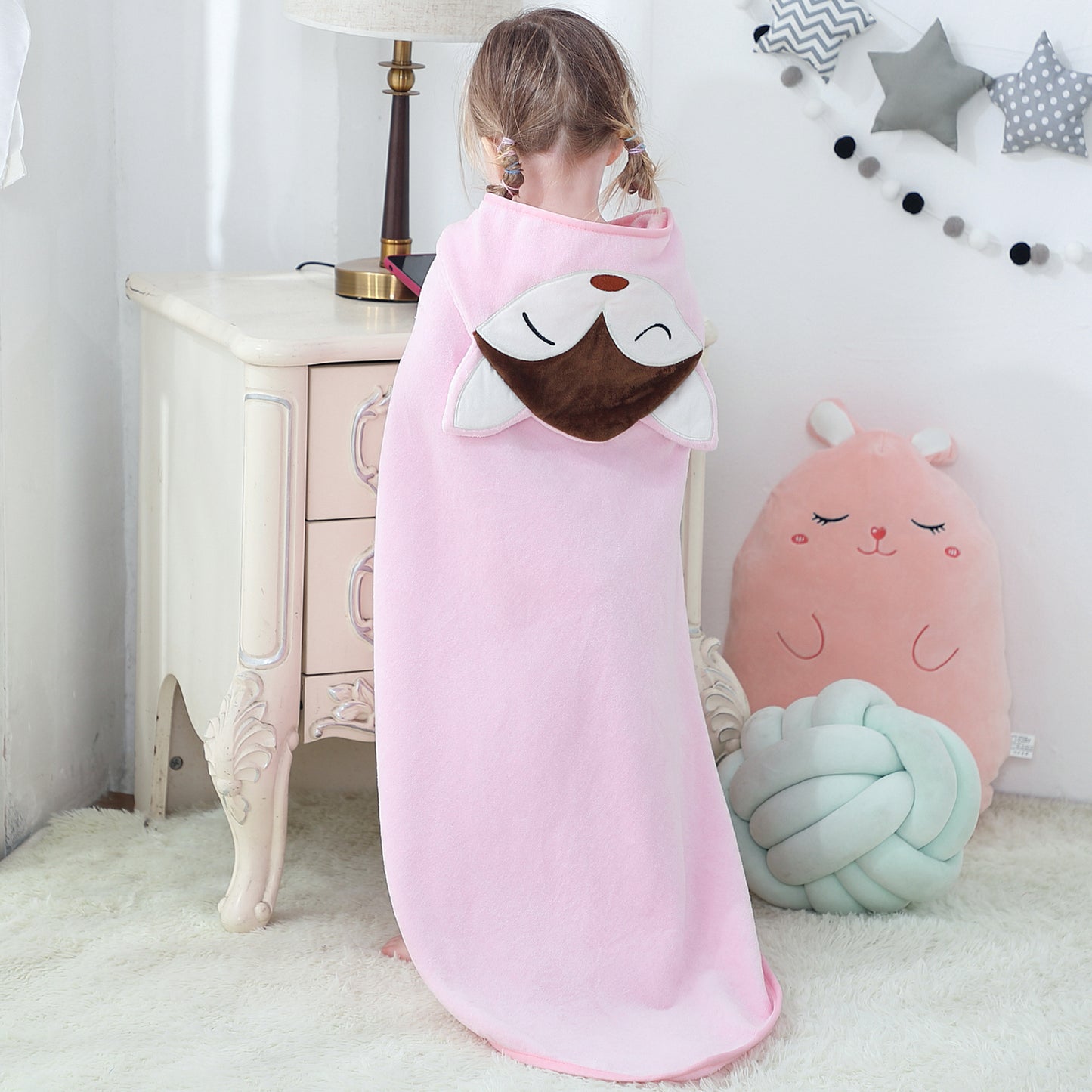 MICHLEY Baby Pink Fox Hooded Bathrobe Soft Cotton Towel Robe