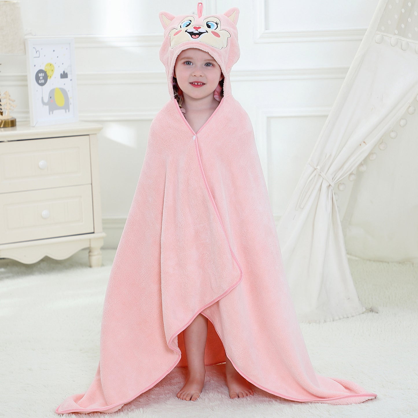 MICHLEY Pink Fox Hooded Baby Towel Soft Cotton Kids Swim Robe 27.5"x47"