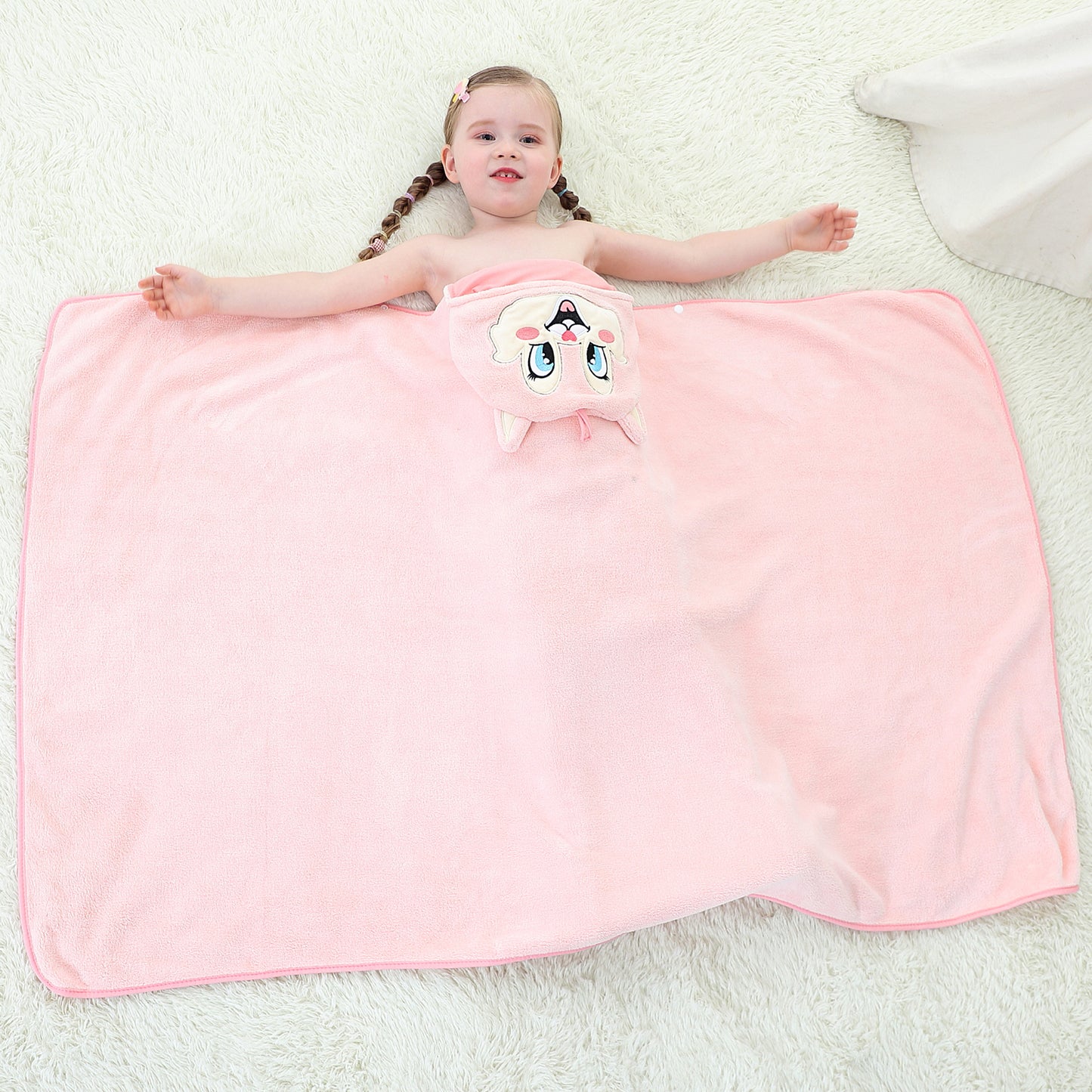 MICHLEY Pink Fox Hooded Baby Towel Soft Cotton Kids Swim Robe 27.5"x47"