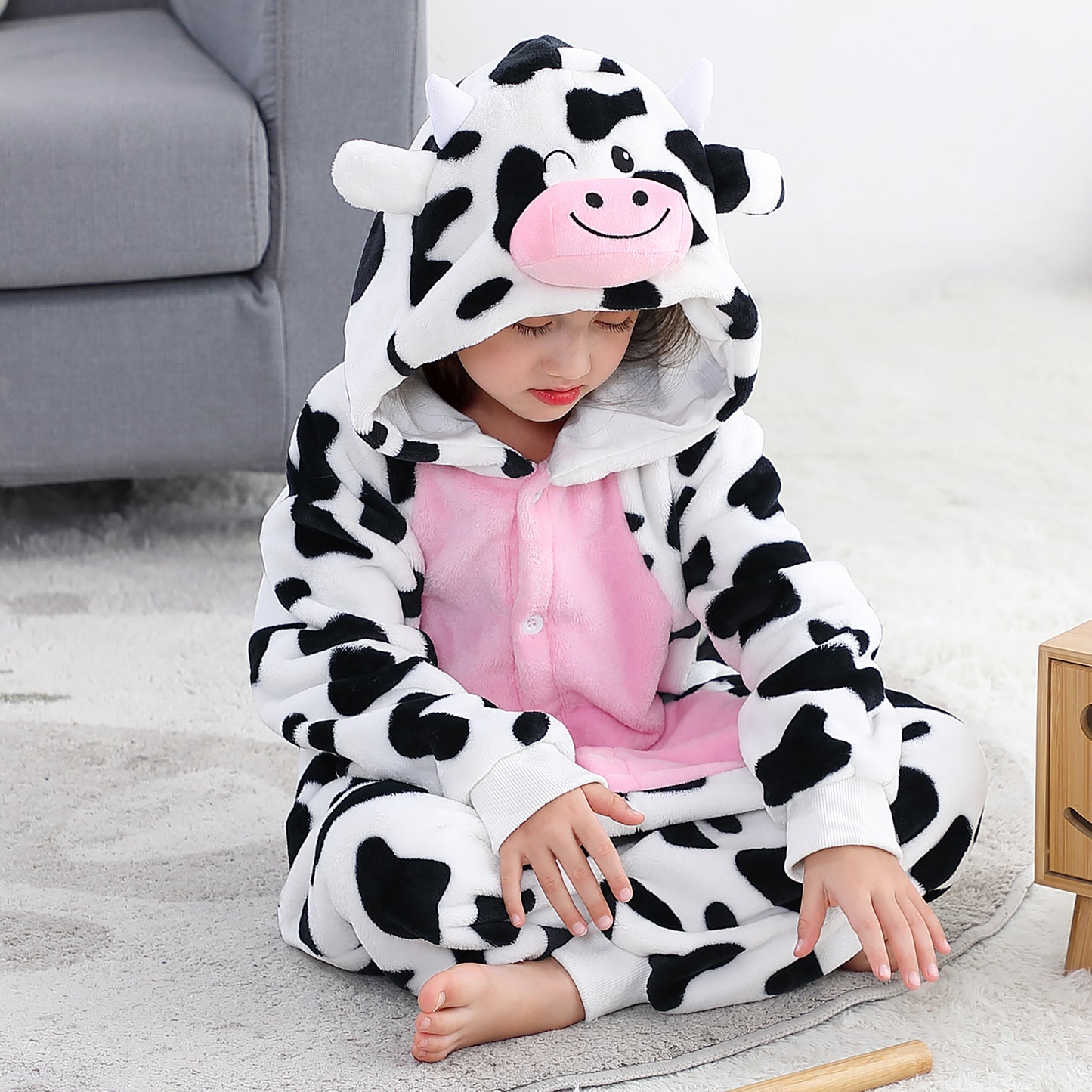 MICHLEY Kids Cow Hooded Romper Flannel Halloween Cosplay Pajamas Costume