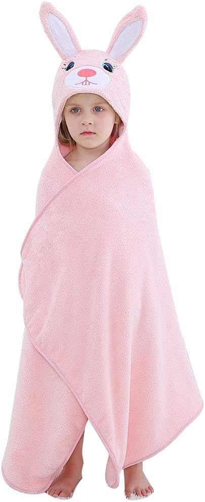 MICHLEY Pink Rabbit Hooded Baby Towel Soft Cotton Kids Swim Robe 27.5"x47"