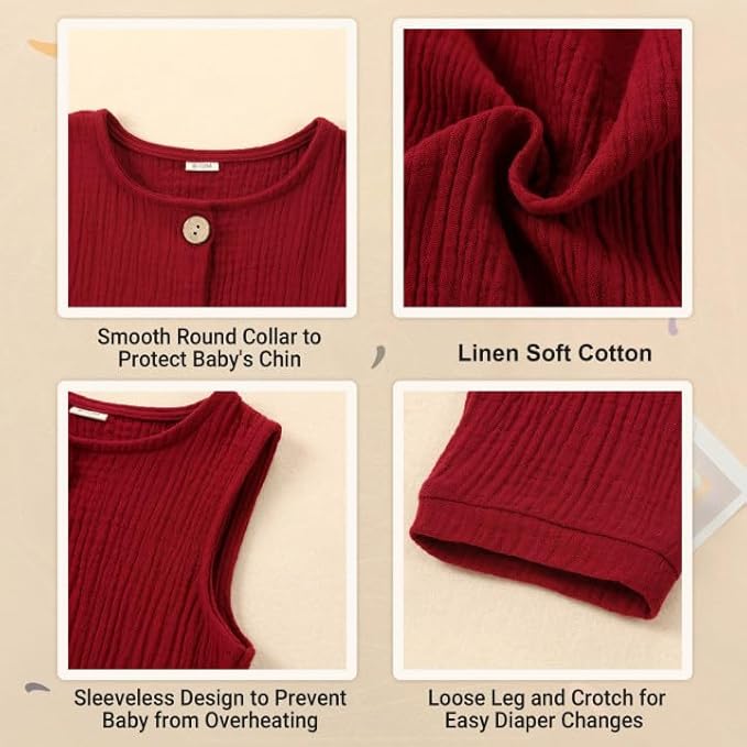 MICHLEY Baby Sleeveless Summer Cotton Romper Unisex Toddler Jumpsuit (Red)