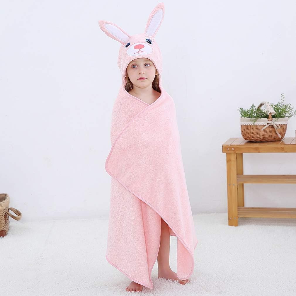 MICHLEY Pink Rabbit Hooded Baby Towel Soft Cotton Kids Swim Robe 27.5"x47"
