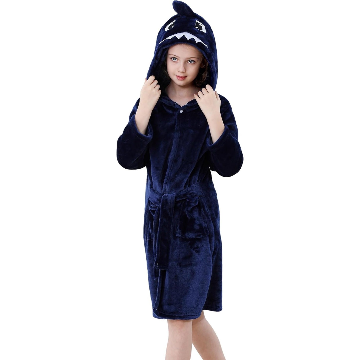 MICHLEY Kids Blue Shark Hooded Bathrobe Soft Flannel Animal Sleepwear