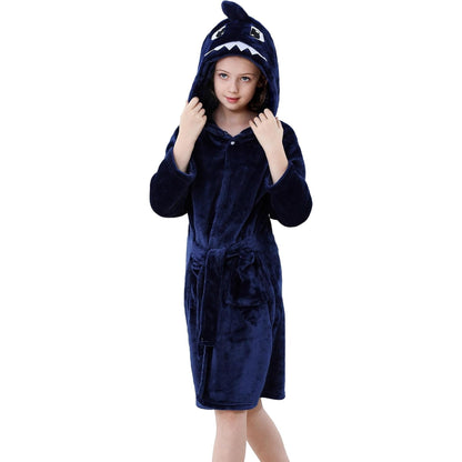 MICHLEY Kids Blue Shark Hooded Bathrobe Soft Flannel Animal Sleepwear