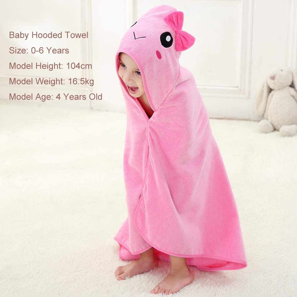 MICHLEY Pink Hooded Towel with Cute Bow Cartoon Face Soft Cotton Baby Beach Cape