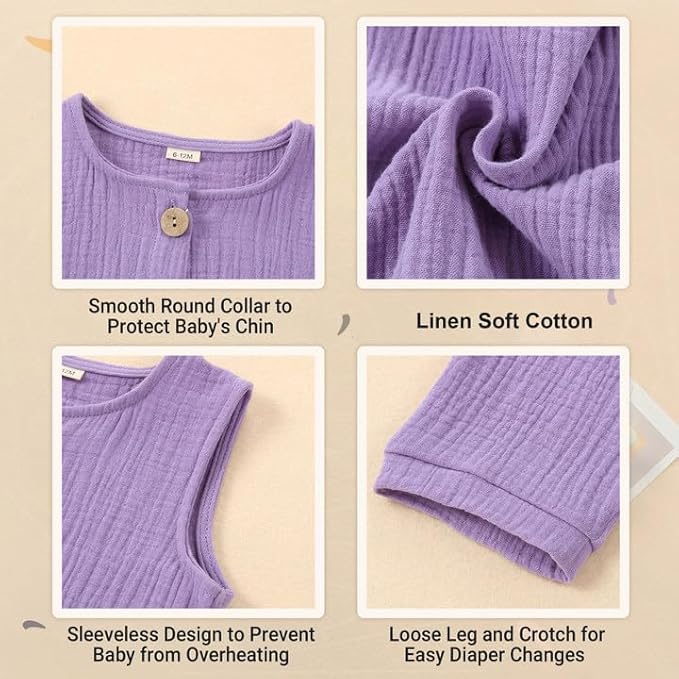 MICHLEY Baby Sleeveless Summer Cotton Romper Unisex Toddler Jumpsuit (Purple)