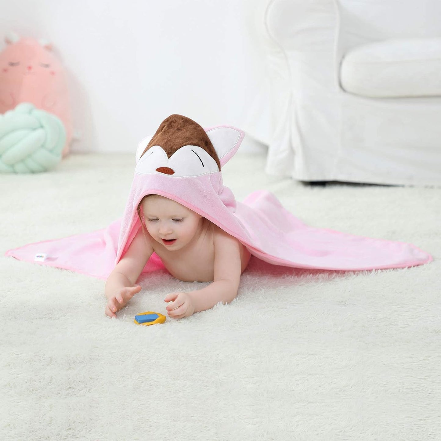 MICHLEY Baby Pink Fox Hooded Bathrobe Soft Cotton Towel Robe