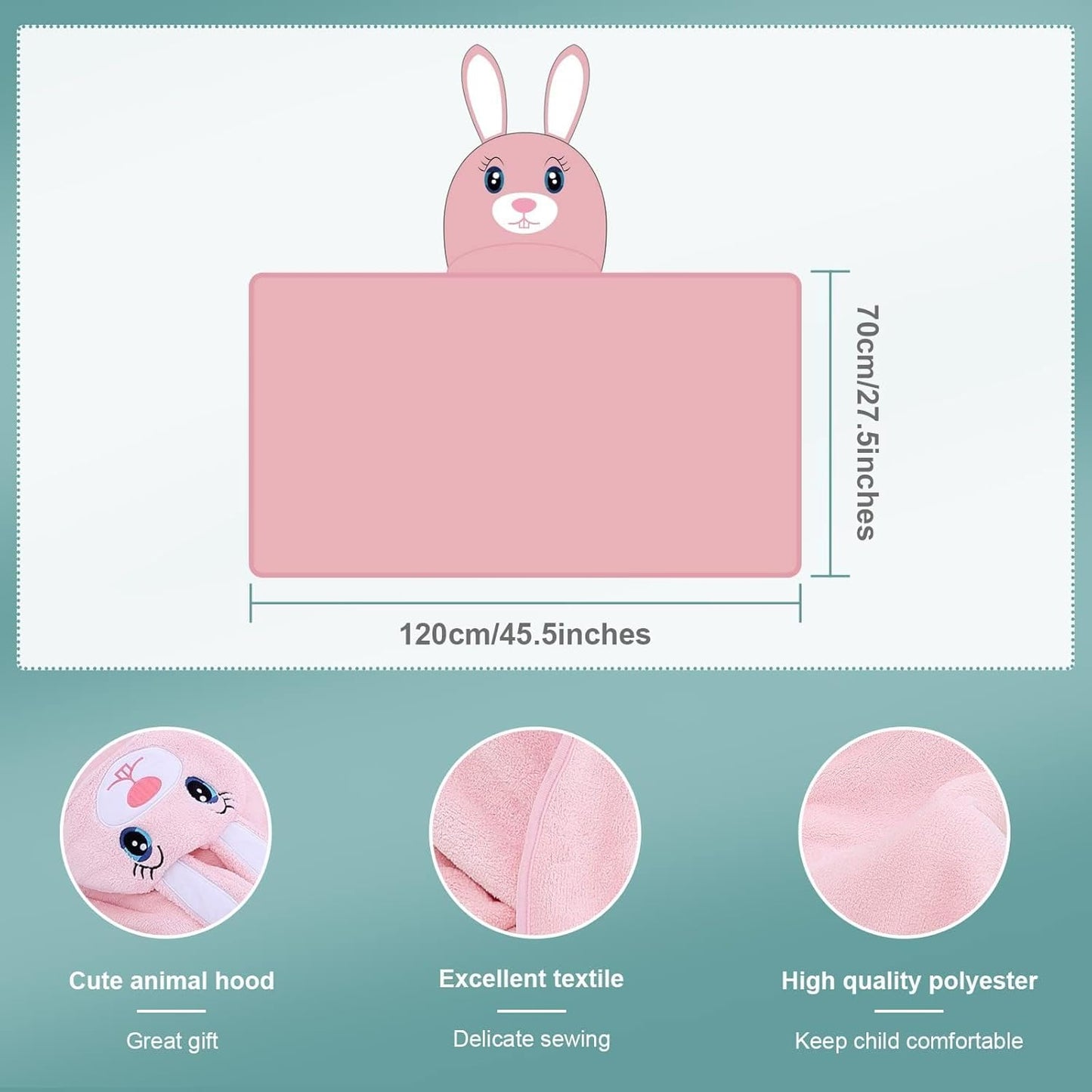 MICHLEY Pink Rabbit Hooded Baby Towel Soft Cotton Kids Swim Robe 27.5"x47"