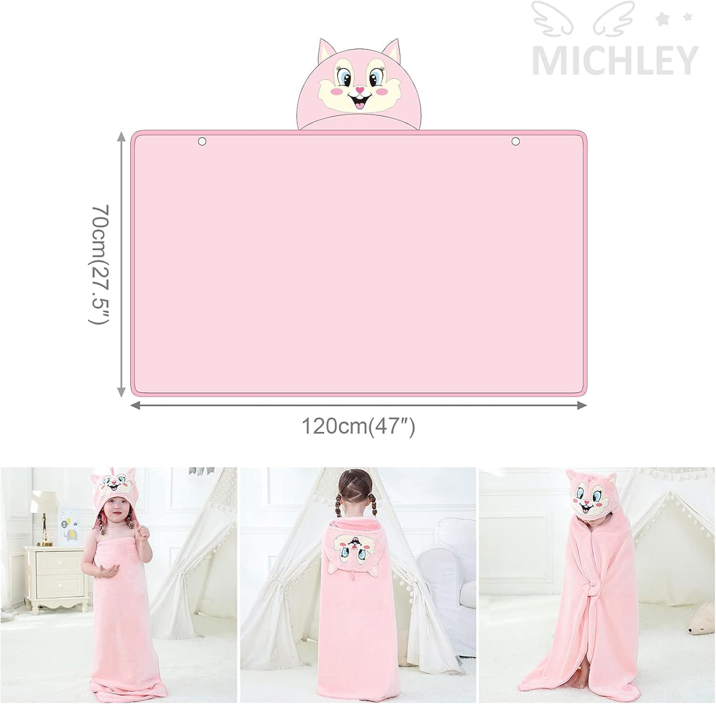 MICHLEY Pink Fox Hooded Baby Towel Soft Cotton Kids Swim Robe 27.5"x47"