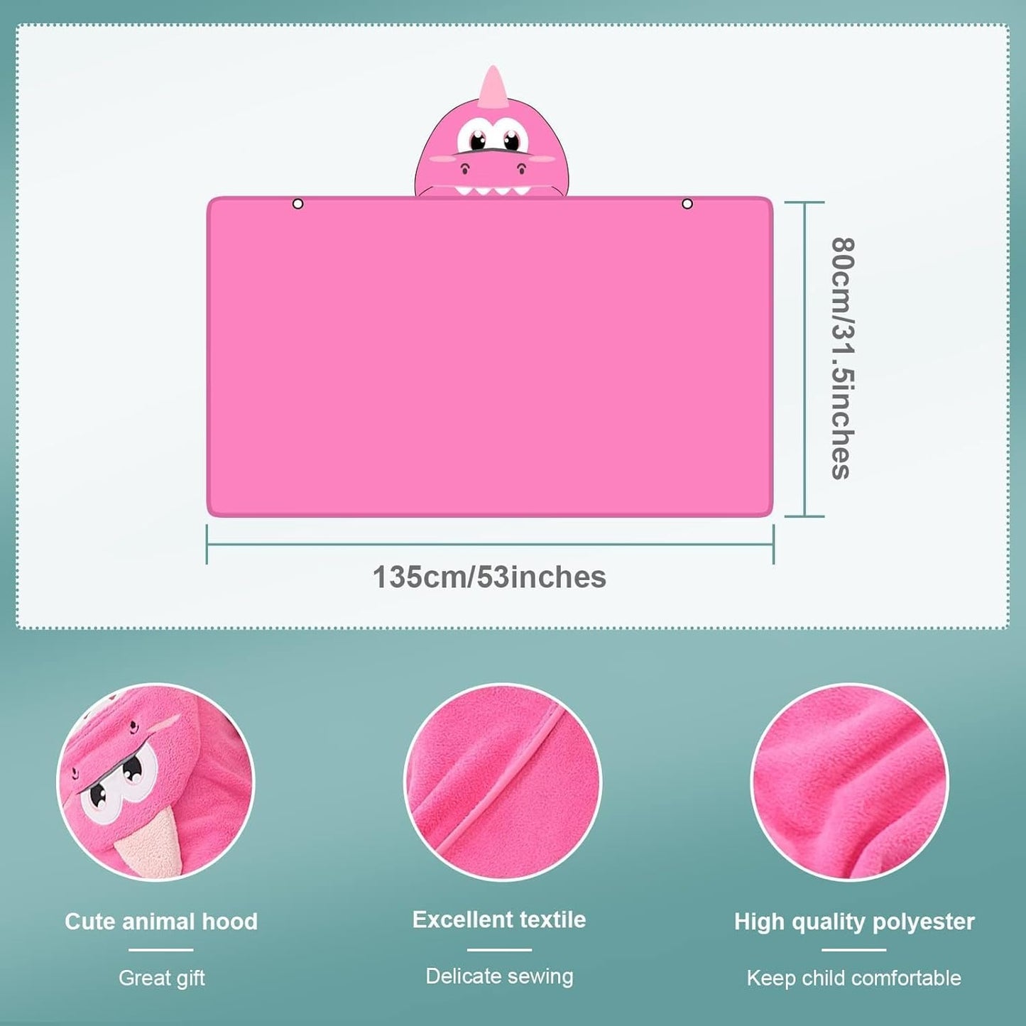 MICHLEY Pink Dinosaur Hooded Baby Towel Kids Swim Robe 31.5"x53"