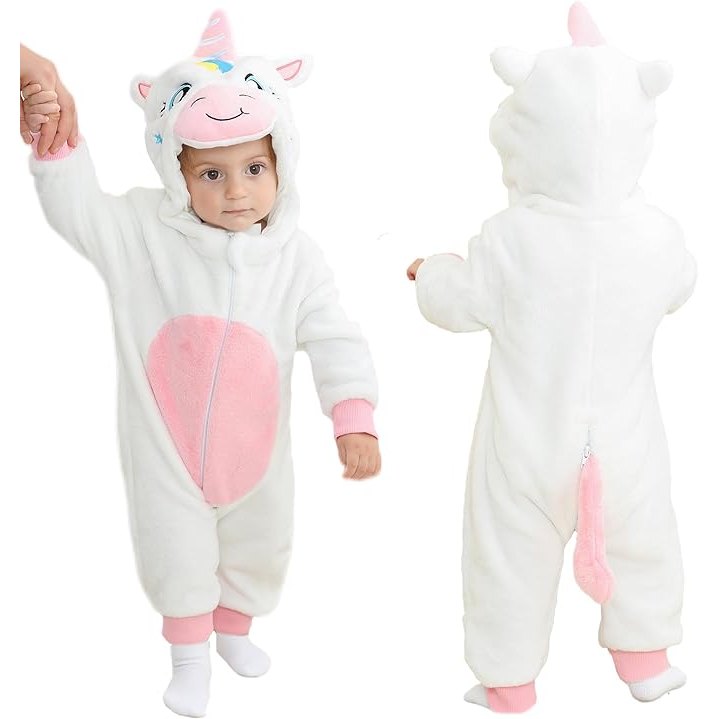 MICHLEY White Unicorn Baby Costume Winter Flannel Hooded Romper